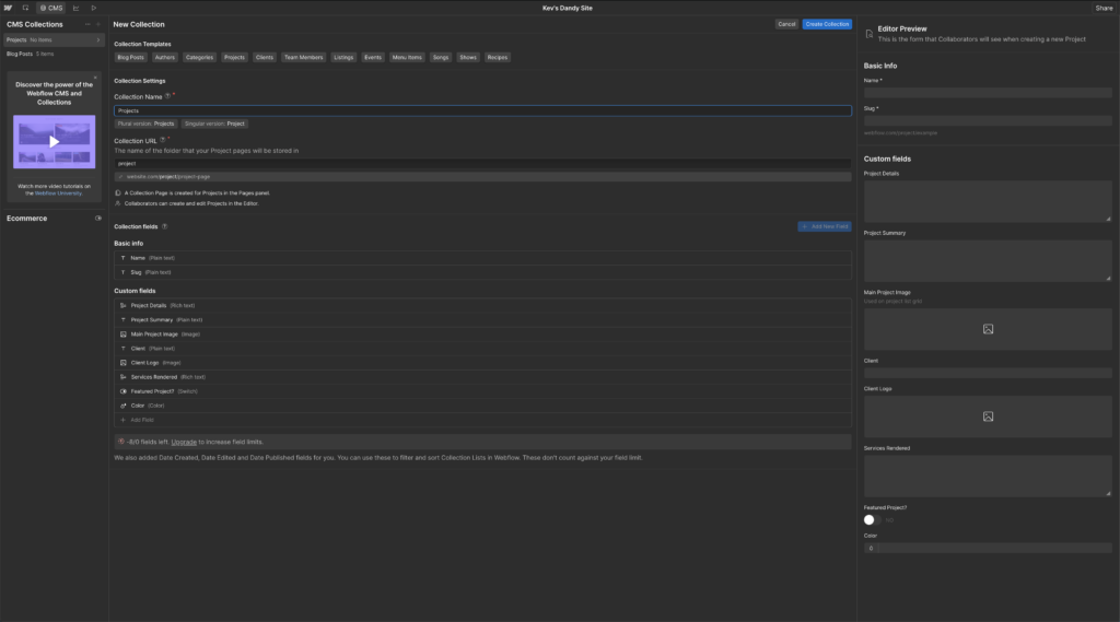 Webflow's Collection editor