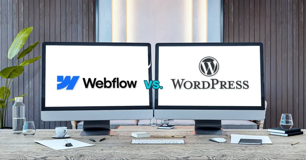 An image of two computer monitors, one with the Webflow logo and the other with the WordPress logo.